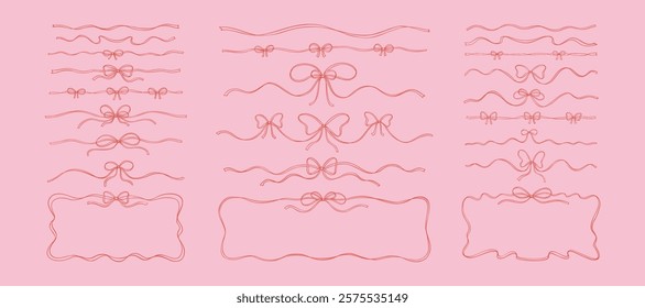 Set of hand drawn bow ribbon text dividers, tape separators and horizontal rectangle frames. Fancy sketchy vintage flourish design elements. Filigree wavy pink whimsical background