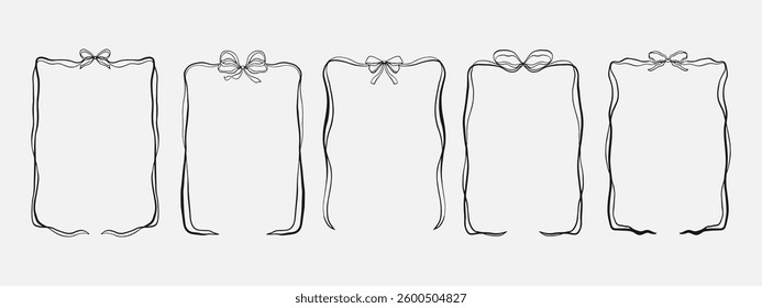 Set of hand drawn bow ribbon border frame. whimsical wavy line art border for wedding invitation, birthday card, holiday frame