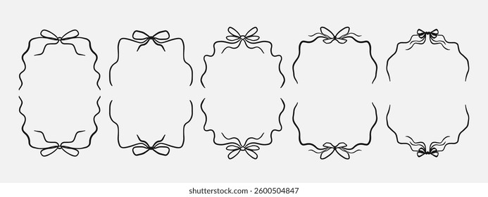 Set of hand drawn bow ribbon border frame. whimsical wavy line art border for wedding invitation, birthday card, holiday frame