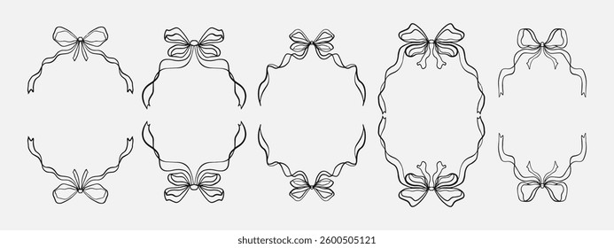 Set of hand drawn bow ribbon border frame. whimsical wavy line art border for wedding invitation, birthday card, holiday frame