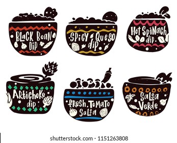 Set of hand drawn bowls with lettering. Different mexican dips.