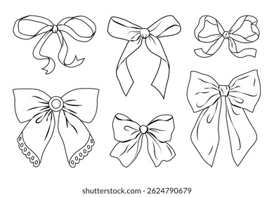 Set of hand drawn bows for coloring book. White design elements with black outline. Perfect for festive wedding celebration and birthday party decorations, coloring book or greeting cards. Vector