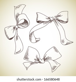 Set of hand drawn bows, isolated on light background. Sketch illustration.