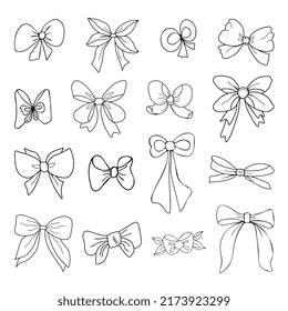 Set of Hand drawn bows and ribbons. Isolated black on white elements for design