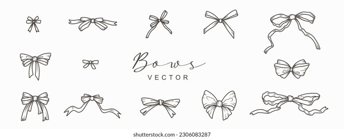 Set of hand drawn bows and ribbons in line style. Decorative holiday symbols for birthday, wedding celebration decoration isolated on white background. Vector illustration