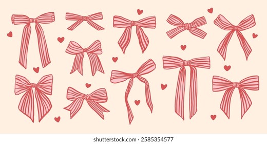 Set of hand drawn bows and ribbons in coquette style. Trendy vector illustration for poster, card, invitation 