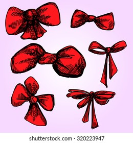Set of hand drawn bows, sketch style. For Christmas design