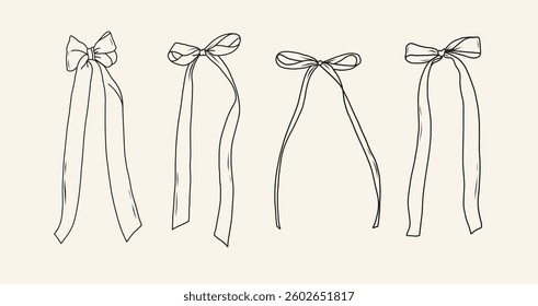 Set of hand drawn bows. Vintage line art ribbon gift. Cute coquette wedding trendy bow sketch. Vector outline illustration