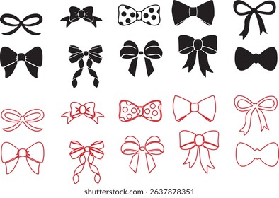 Set of hand drawn bows. Vintage line art ribbon gift. Cute coquette wedding trendy bow sketch. Vector outline illustration 