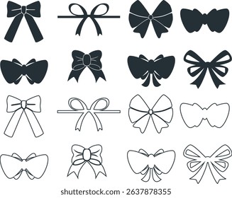 Set of hand drawn bows. Vintage line art ribbon gift. Cute coquette wedding trendy bow sketch. Vector outline illustration 