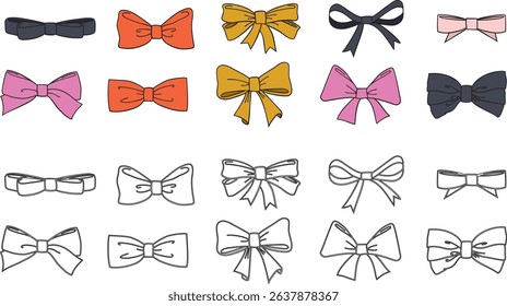 Set of hand drawn bows. Vintage line art ribbon gift. Cute coquette wedding trendy bow sketch. Vector outline illustration 