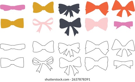 Set of hand drawn bows. Vintage line art ribbon gift. Cute coquette wedding trendy bow sketch. Vector outline illustration 