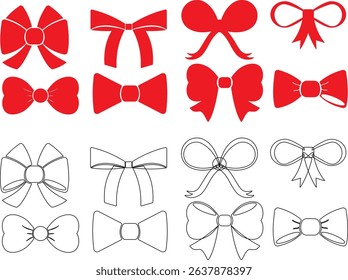 Set of hand drawn bows. Vintage line art ribbon gift. Cute coquette wedding trendy bow sketch. Vector outline illustration 