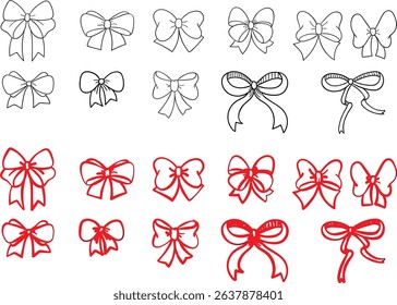 Set of hand drawn bows. Vintage line art ribbon gift. Cute coquette wedding trendy bow sketch. Vector outline illustration 