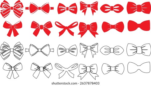 Set of hand drawn bows. Vintage line art ribbon gift. Cute coquette wedding trendy bow sketch. Vector outline illustration 