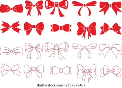 Set of hand drawn bows. Vintage line art ribbon gift. Cute coquette wedding trendy bow sketch. Vector outline illustration 