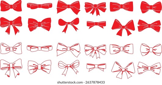 Set of hand drawn bows. Vintage line art ribbon gift. Cute coquette wedding trendy bow sketch. Vector outline illustration 