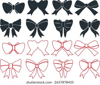 Set of hand drawn bows. Vintage line art ribbon gift. Cute coquette wedding trendy bow sketch. Vector outline illustration 