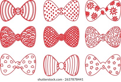 Set of hand drawn bows. Vintage line art ribbon gift. Cute coquette wedding trendy bow sketch. Vector outline illustration 