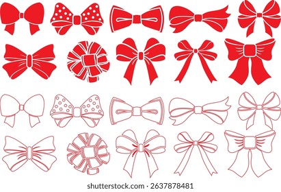 Set of hand drawn bows. Vintage line art ribbon gift. Cute coquette wedding trendy bow sketch. Vector outline illustration 
