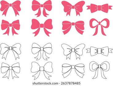 Set of hand drawn bows. Vintage line art ribbon gift. Cute coquette wedding trendy bow sketch. Vector outline illustration 