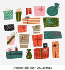 Conjunto de cajas dibujadas a mano de regalos y regalos de Navidad y cumpleaños. Acogedora ilustración de invierno para los tiradores, logotipo, tarjetas, afiches, envoltura, raspado, patrones.