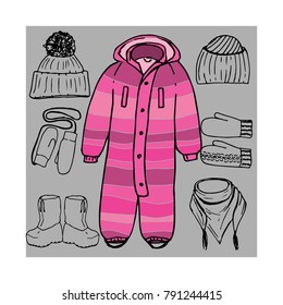Set of hand drawn boy winter clothes and accessories for baby girls: overall, hats, gloves, boots on the grey background.Isolated and layered vector illustration
