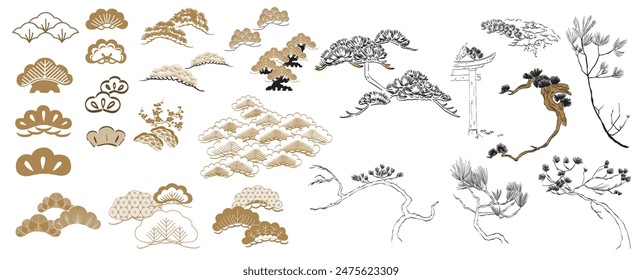 Set of hand drawn branch of bonsai tree with Japanese pattern vector. Oriental pine tree decoration with logo design, flyer or presentation in vintage style.	