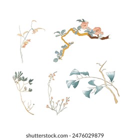 Set of hand drawn branch of bonsai tree leaves and branch of flowers with natural pattern vector. Oriental decoration with watercolor painting texture in vintage style.	