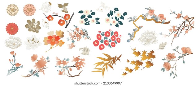 Set of hand drawn branch of flower with Japanese pattern vector. Oriental decoration with logo design, flyer or presentation in vintage style. 
