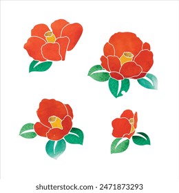 Set of hand drawn branch of flower with Japanese pattern vector. Red oriental floral elements decoration with logo design, flyer or presentation in vintage style.