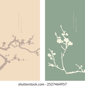 Conjunto de rama de flor dibujada a mano con Vector de patrón japonés. Decoración oriental con diseño de logotipo, volante o presentación y diseño de tarjeta en estilo vintage.