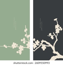 Set of hand drawn branch of flower with Japanese pattern vector. Oriental decoration with logo design, flyer or presentation in vintage style.