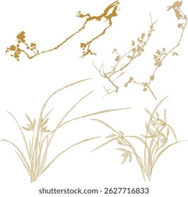 Conjunto de ramo desenhado à mão de flor com vetor de padrão japonês. Flor de cerejeira e flor de orquídea.  Decoração oriental com design de logotipo, folheto ou apresentação em estilo vintage.