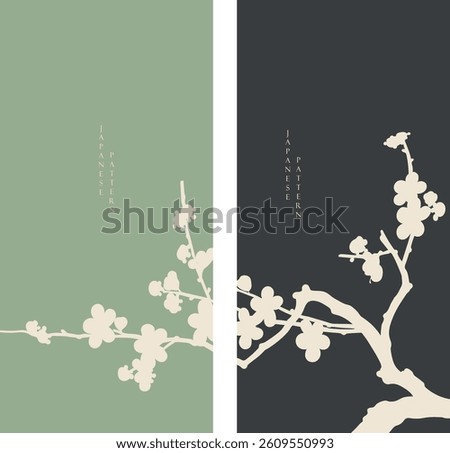 Set of hand drawn branch of flower with Japanese pattern vector. Oriental decoration with logo design, flyer or presentation in vintage style.