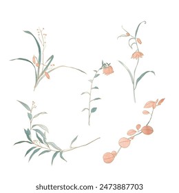 Set of hand drawn branch of leaves and flowers elements with natural pattern vector. Oriental decoration with watercolor painting texture in vintage style.	