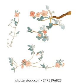 Set of hand drawn branch of leaves and flowers with natural pattern vector. Oriental decoration with watercolor painting texture in vintage style.	