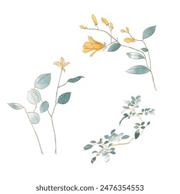 Set of hand drawn branch of leaves and yellow flowers with natural pattern vector. Oriental decoration with watercolor painting texture in vintage style.	