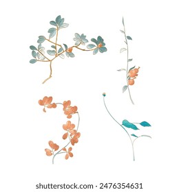 Set of hand drawn branch of leaves and flowers with natural pattern vector. Oriental decoration with watercolor painting texture in vintage style.	