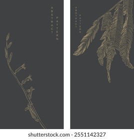 Set of hand drawn branch of leaves in natural vector. Oriental decoration with banner design, flyer or presentation in vintage style. Black and white.