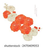 Set of hand drawn branch of red cherry blossom flower with Japanese pattern vector. Oriental decoration with logo design, flyer or presentation in vintage style.