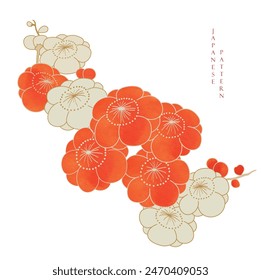 Set of hand drawn branch of red cherry blossom flower with Japanese pattern vector. Oriental decoration with logo design, flyer or presentation in vintage style.