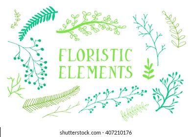 Set of hand drawn branches. Ink illustration. 10 eps