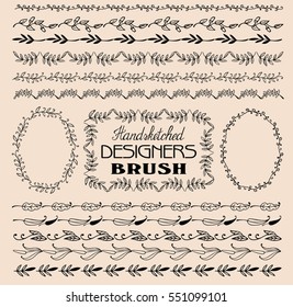 Set of hand drawn branches. Ink illustration. Large collection for brushes. It contains various branches with leaves and berries.