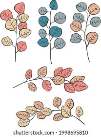Set of Hand Drawn Branches with leaves, Colorful Vector Illustrations with dark outline. Elegant images for prints, postcards, greeting cards, fabric and more.