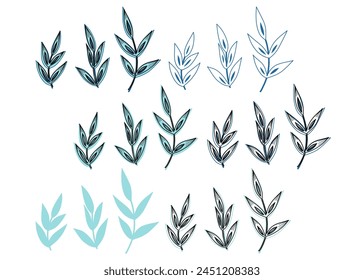Set of hand drawn branches and leaves, perfect for borders, frames and wreaths. Outlined, silhuettes and several shades of blue colour. Isolated vector elements