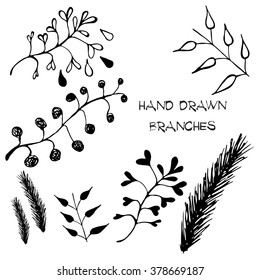 Set of hand drawn branches and leaves. Boho style.