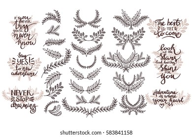 Set of hand drawn branches. Thematic phrases.
