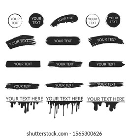 Set of hand drawn branding badges with edge torn boxes. Dirty frames and borders with paint splatters for logo design. Vector isolated.