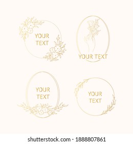 Set of hand drawn branding frames with gold flower wreaths, floral borders, branches, bouquet for invitation cards. Vector isolated golden elegant fancy wedding badges.